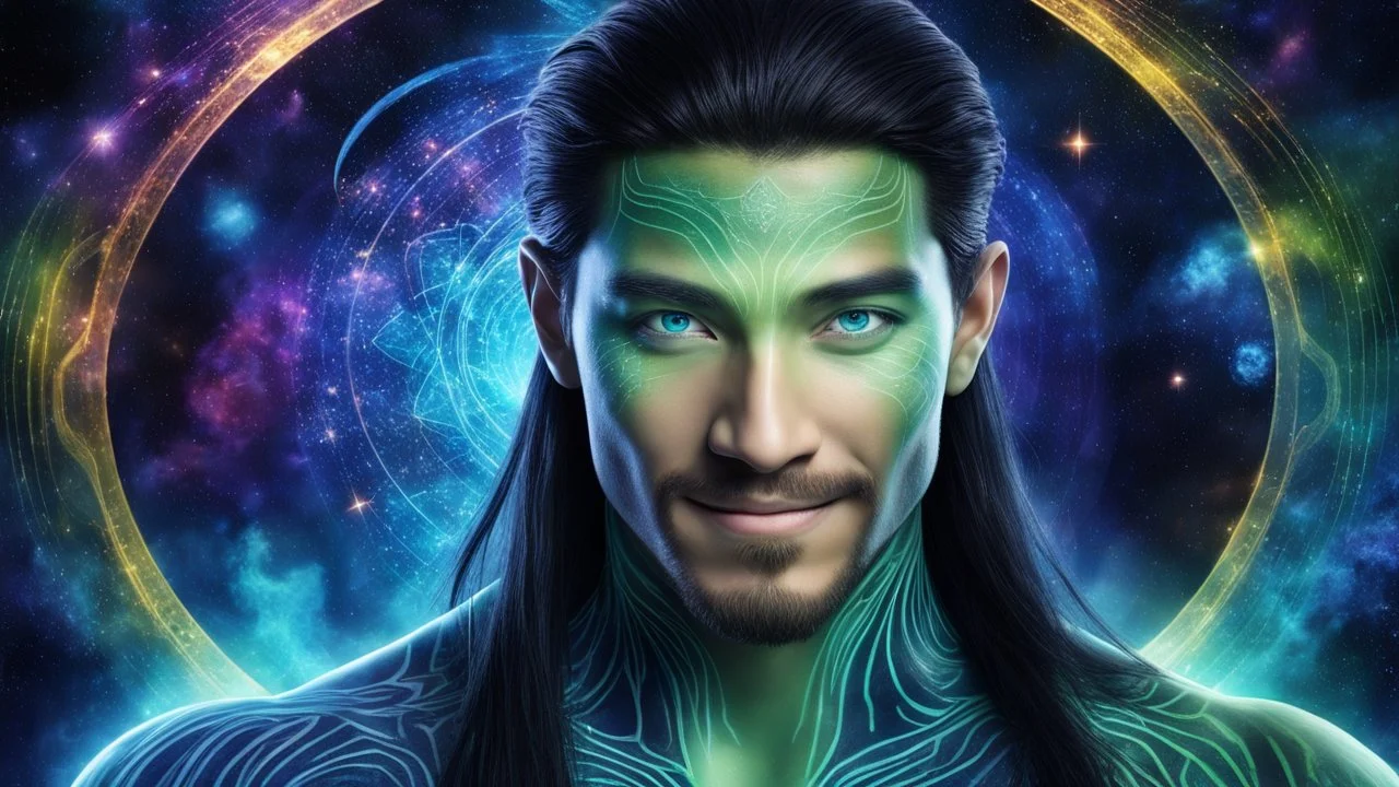 beautiful gorgeous young man na'vi with long hair, Avatar, blue skin, two small ears, green eyes, black hair, in cosmic suit, galactic ambiance, medium pointy goatee , smiling, nebulas and sacred geometry light figures on the backgroud,