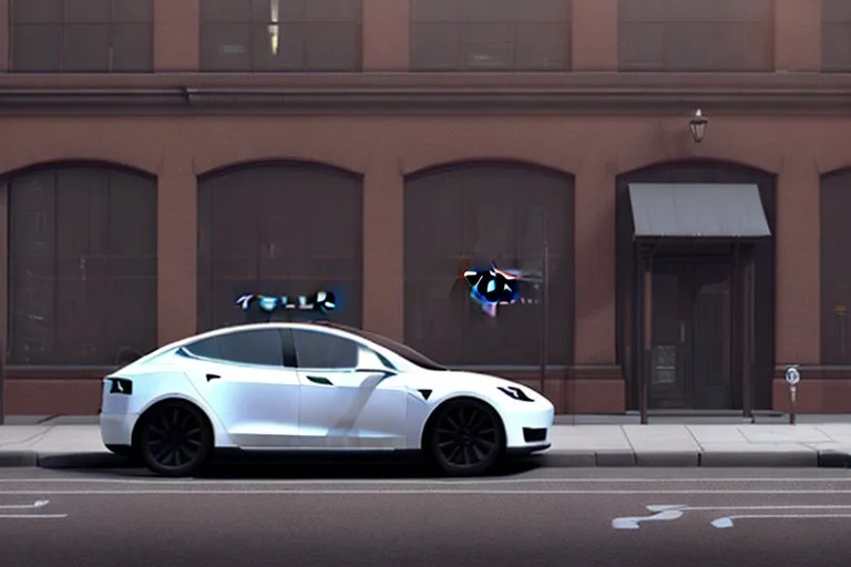 A Tesla 'Model S' is parked, near the building of the 'Friends' series in New York. (CINEMATIC, WIDE ANGLE LENS, PHOTO REAL)