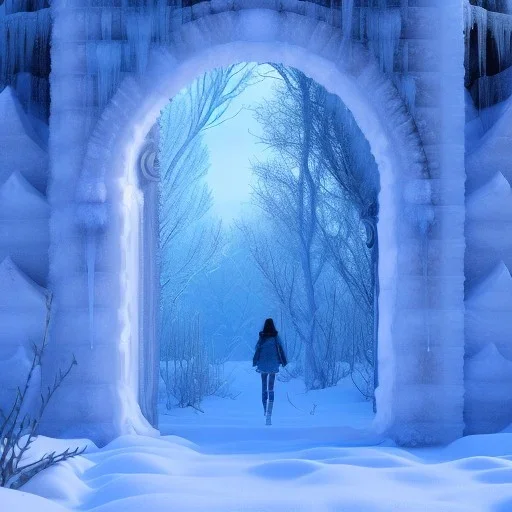 ethereal winter flowers, carved ice door at the end of ice steps, magical atmosphere, Beardsley, Unreal render, cinematic blue --aspect 9:16 --s 2500