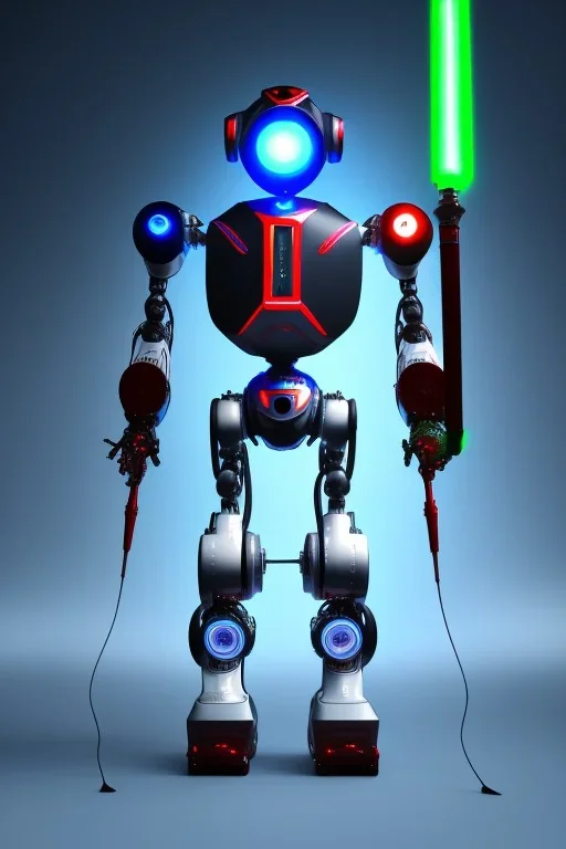 2 robot, red eyes, blue hair, light sword, green light, sky, highly detailed