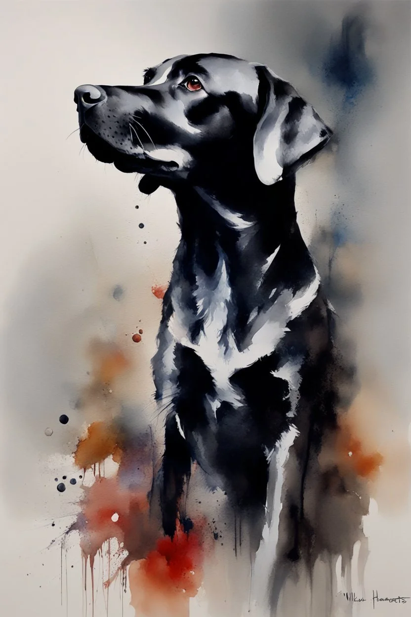 A portrait of black Labrador by Willem Haenraets, watercolor, on watercolor paper, wet on wet and splattering techniques, centered, perfect composition, abstraction, surrealism