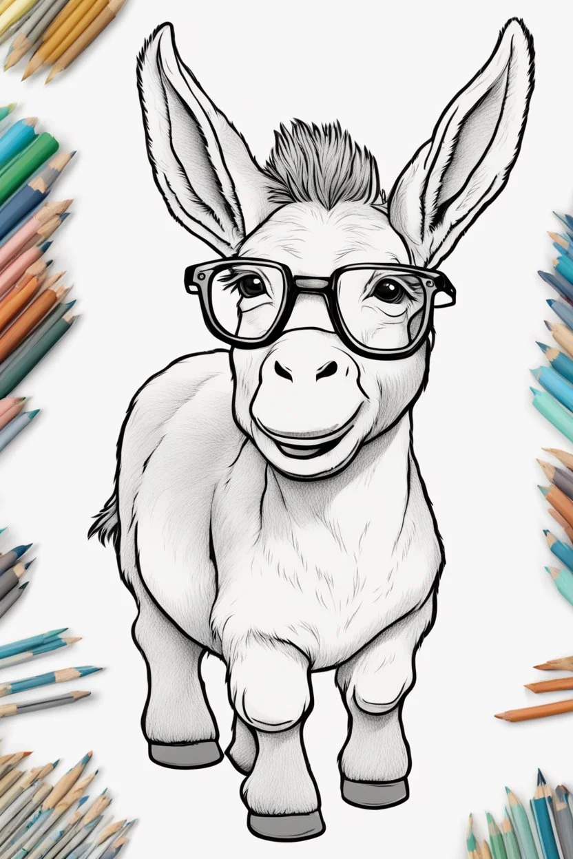 Outline art for cute coloring pages with donkey with glasses, full body, white background, sketch style, only use outline, clean line art, no shadows and clear and well outlined.