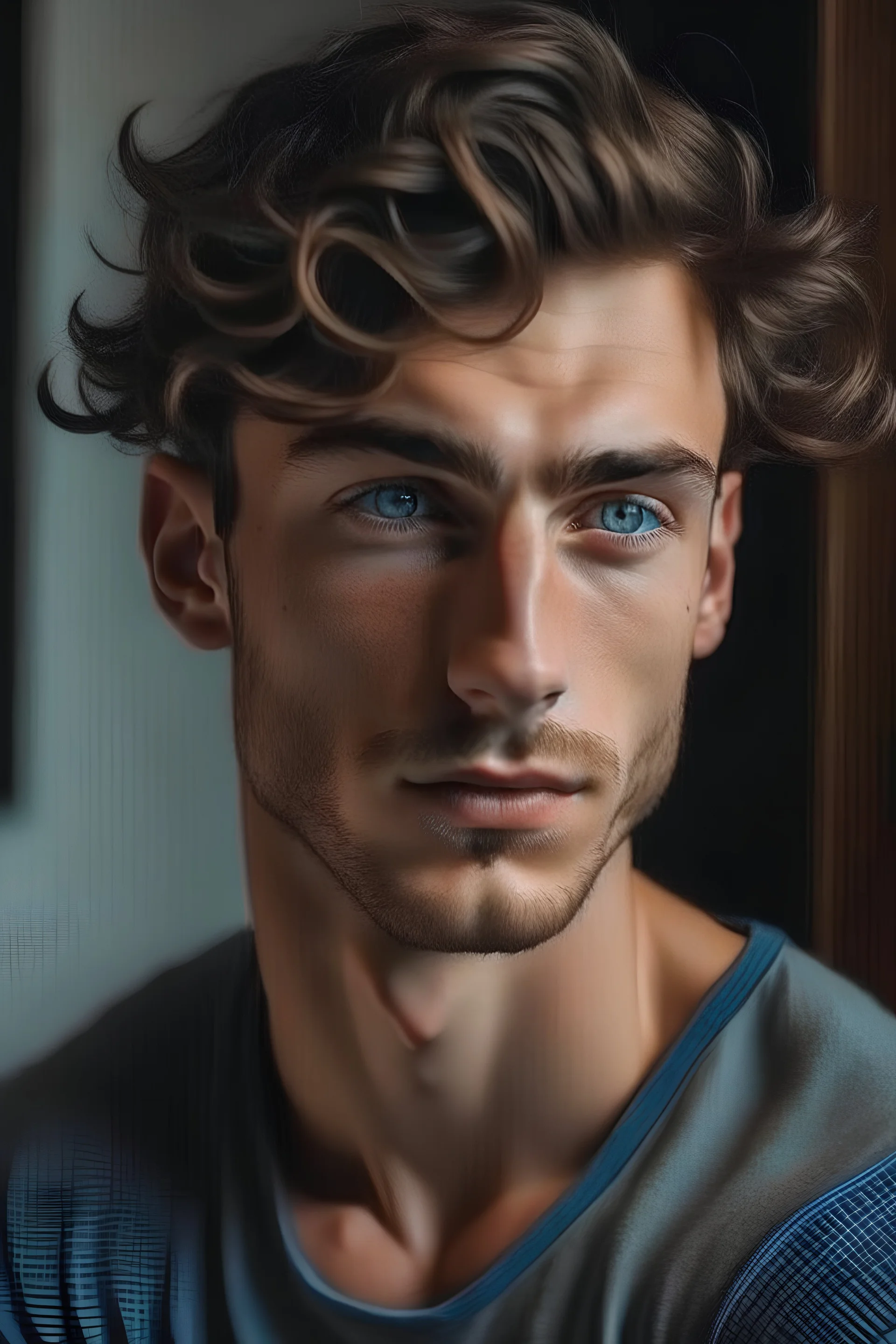 He was born in his twenties, with white, wheat-like skin, bright blue eyes, and very light freckles. He had very sharp, Arab features, and he laughed with his hair. It is dark brown and silky