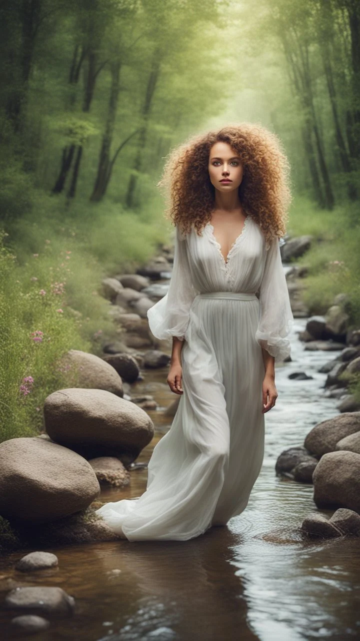 a very beautiful lady curly hair, walks in the forest with a narrow river with clean water and nice rocks on floor. The trees and wild flowers .