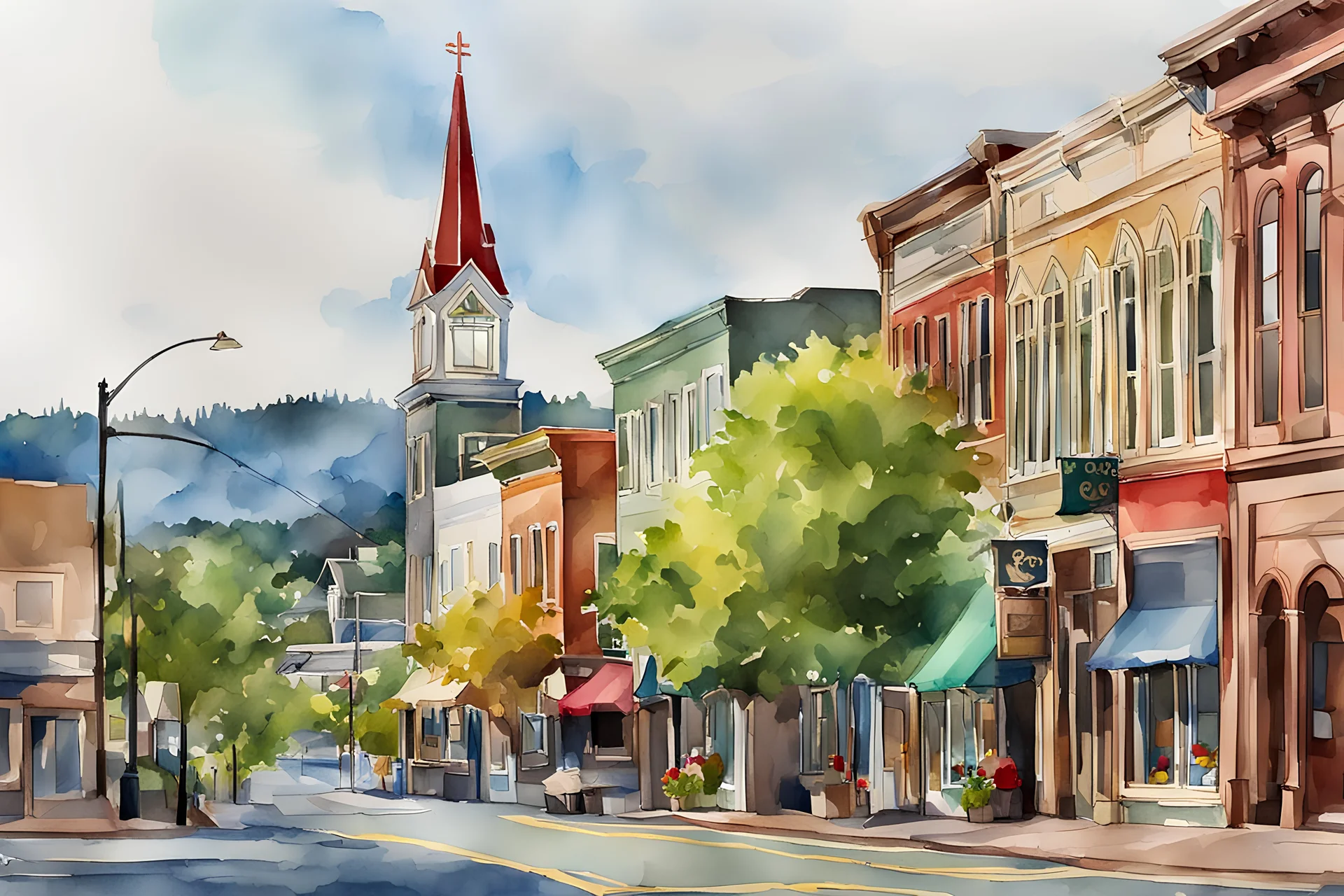 st. john's oregon downtown in an illustrated watercolor painting style