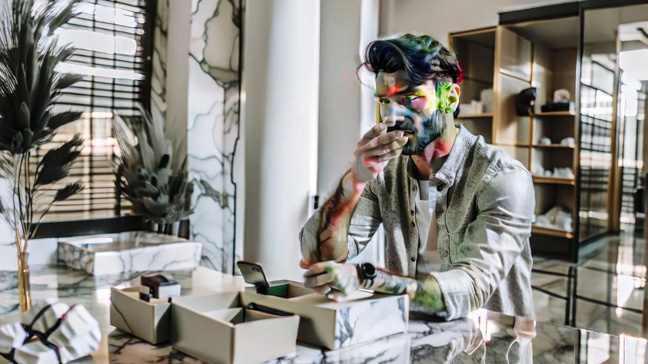 guy on phone at marble tabletop with empty delivery box