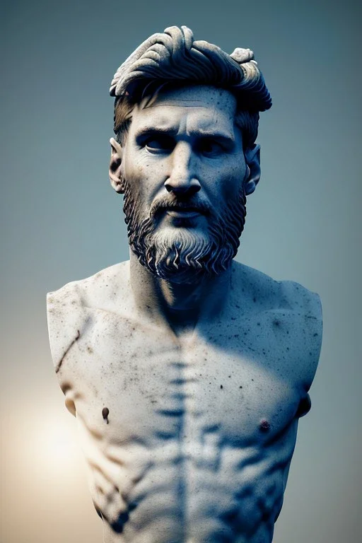 Ultra Realistic image, roman sculpture, luxury white marble material, Lionel Messi, leaves Laurel crown, Renaissance style, miguel angel style, chisel style, emperor, waist up portrait, epic, celestial, cinematic lighting, God light, god rays, 4k resolution, smooth details, ornate details, soft lighting, unreal engine 5, sky background.