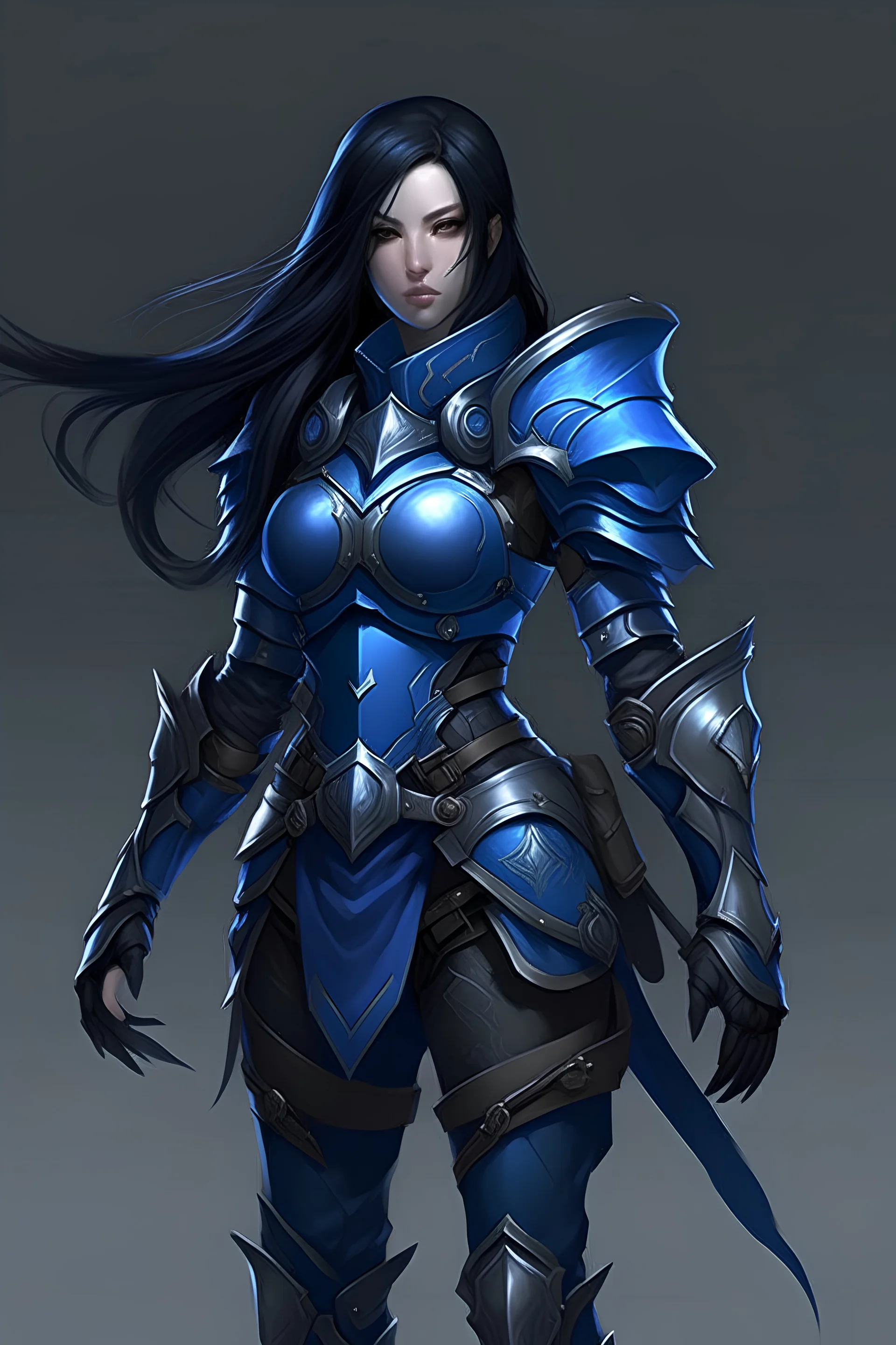 female with long black hair, wearing blue metal armor, whole body