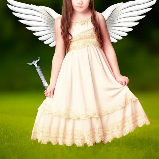 Young girl hazel eyes in angelic dress with sword