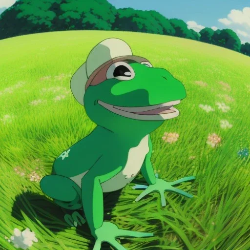 A green frog smiling with a big light blue hat on, wearing blue work overalls, skipping and dancing around in a field during a sunny day. Bokeh, fisheye.