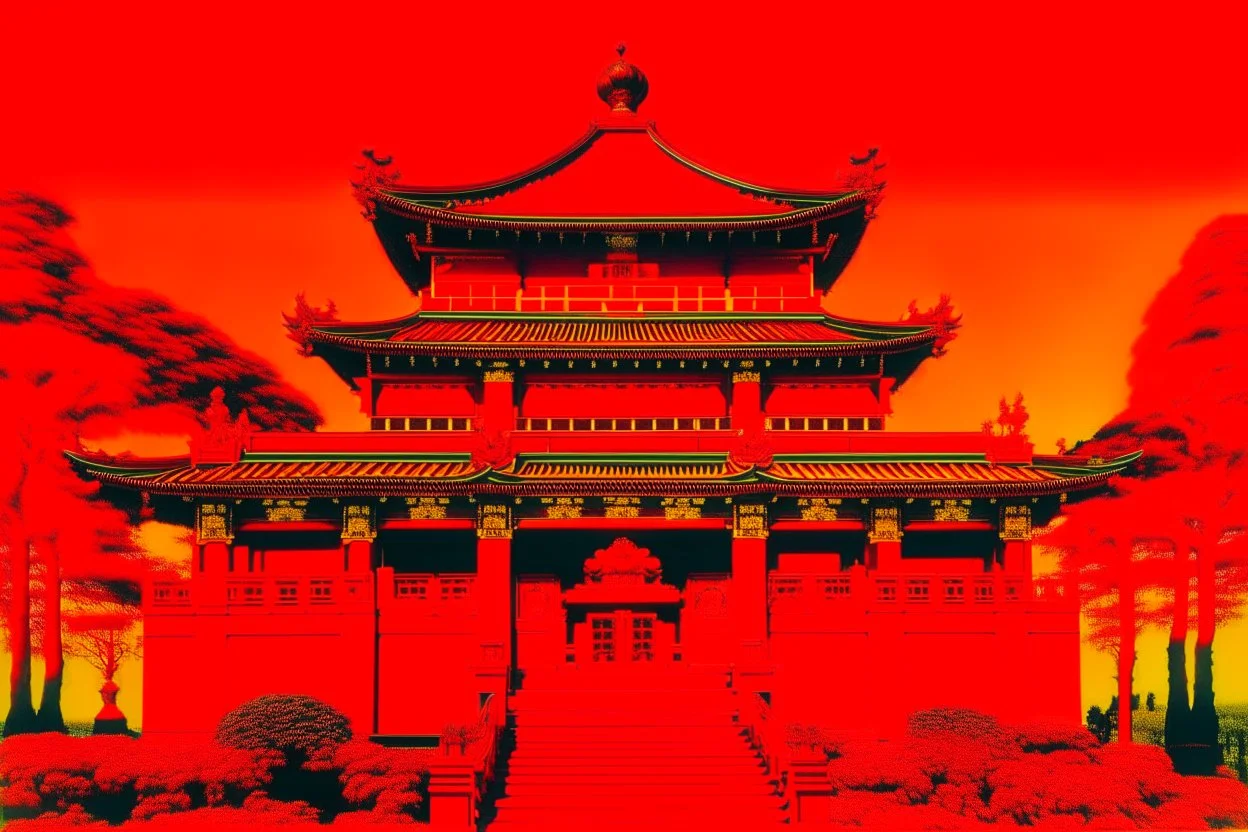 A red fiery Chinese palace painted by Andy Warhol