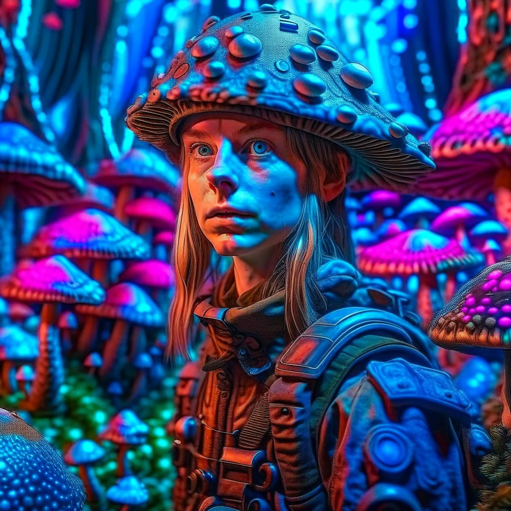 portrait of robotic hippie nephilim army officer inside psychedelic mushroom grove, 8k, down-light, soft light, depth of field, photo realism, trending on art station, high detail