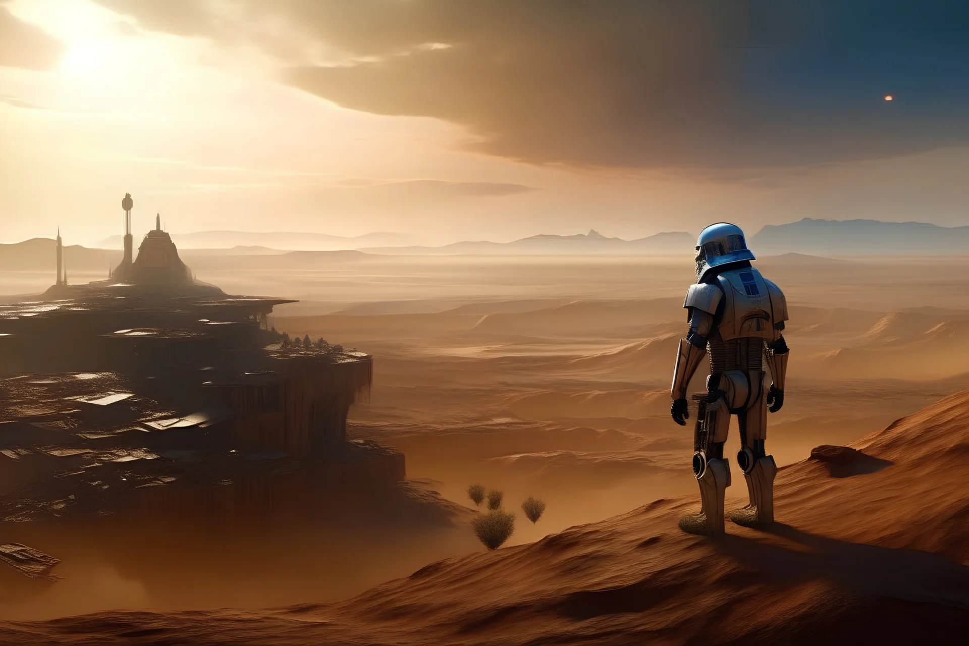 An android on a hill, terrain cracked by drought, in the background a demolished and abandoned city, behind a sandstorm, warm tones, Star Wars style, 16K