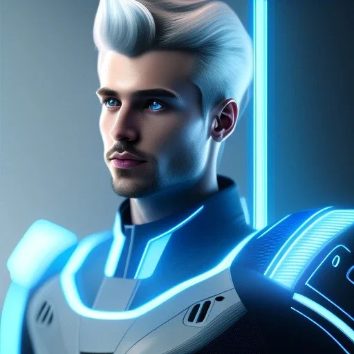 Handsome galactique man with blue and blond hair in the wind, lightining tron suit, lights, hight détails, cinematic, artstation, unreal engine 5, stars in background