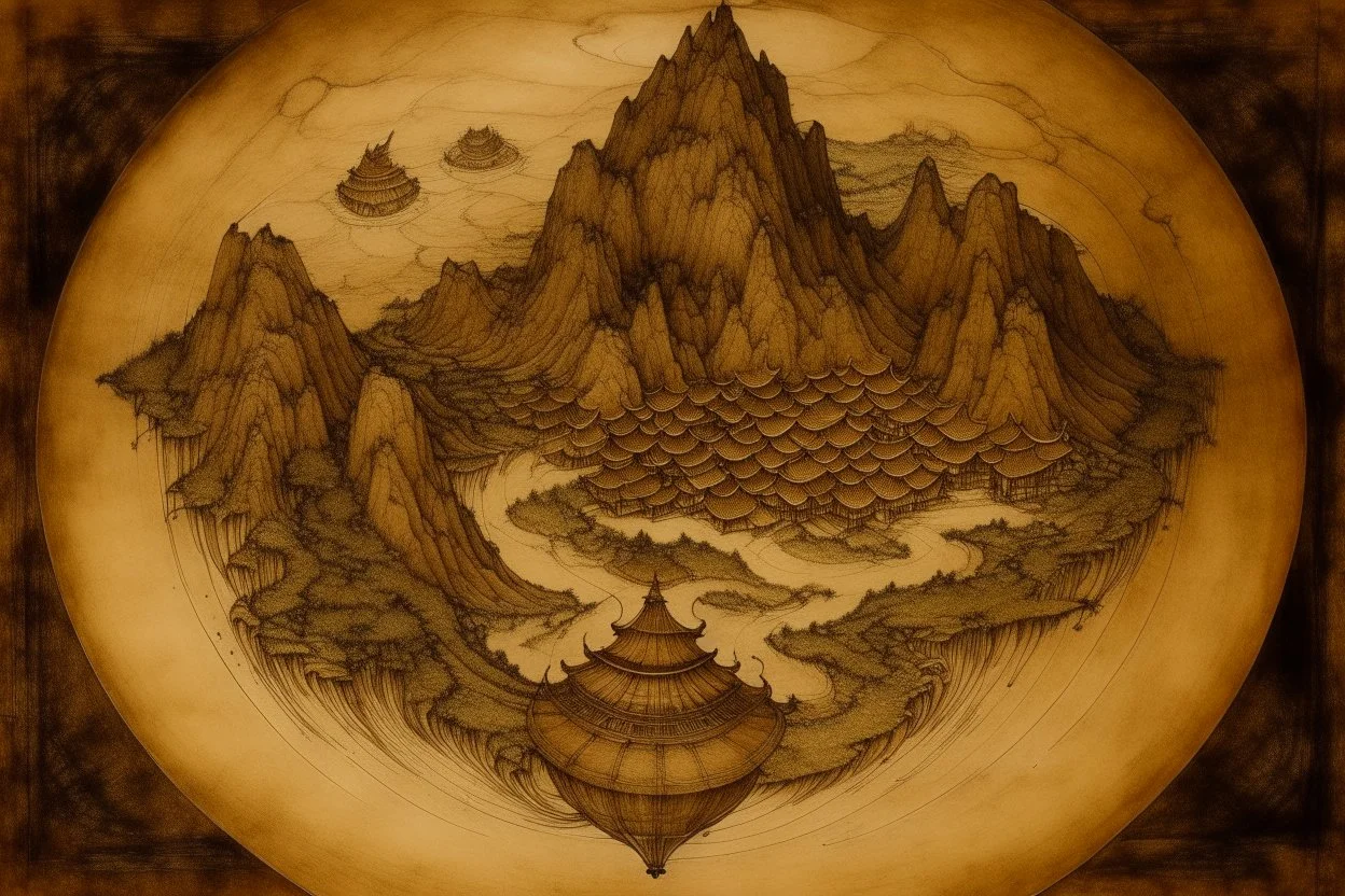A brown X shaped prison on a planet painted by Guo Xi
