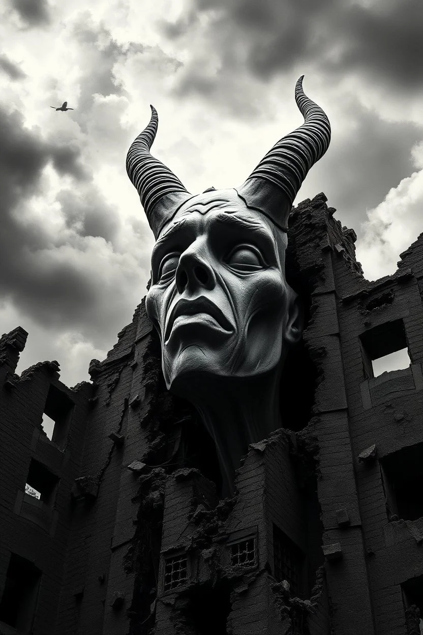surrealis monochrome A fragmented, surreal sculpture liguid color of photorealistic image 3d,psychedelic art glossy emerging from devilish a crumbling building. The face appear and intricate details, evoking a haunting expression. set against a backdrop of stormy, cloud-filled skies. bauhaus art The overall tone is dark and moody, suggesting themes of decay and transformation.