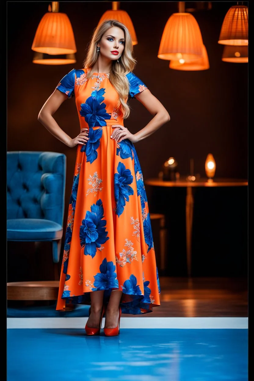 full body of very beautiful ukrain lady wearing orange_blue pretty midi flared dress ,standing idle pose in studio