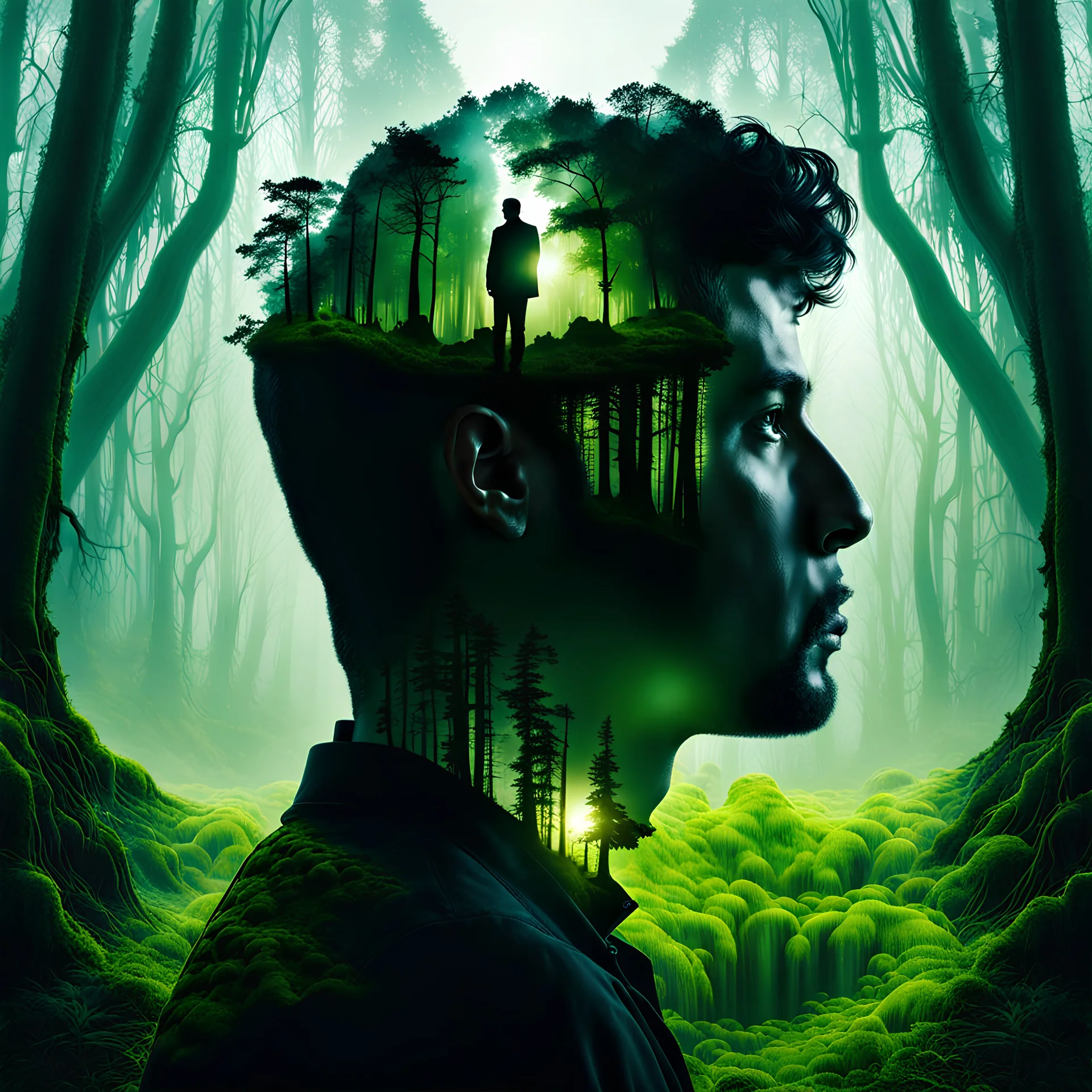 A vivid, double-exposure portrait of a man's entire silhouette superimposed with an image of a mossy swamp, seamlessly blending the two images together to create a visual representation of his deep connection with nature.