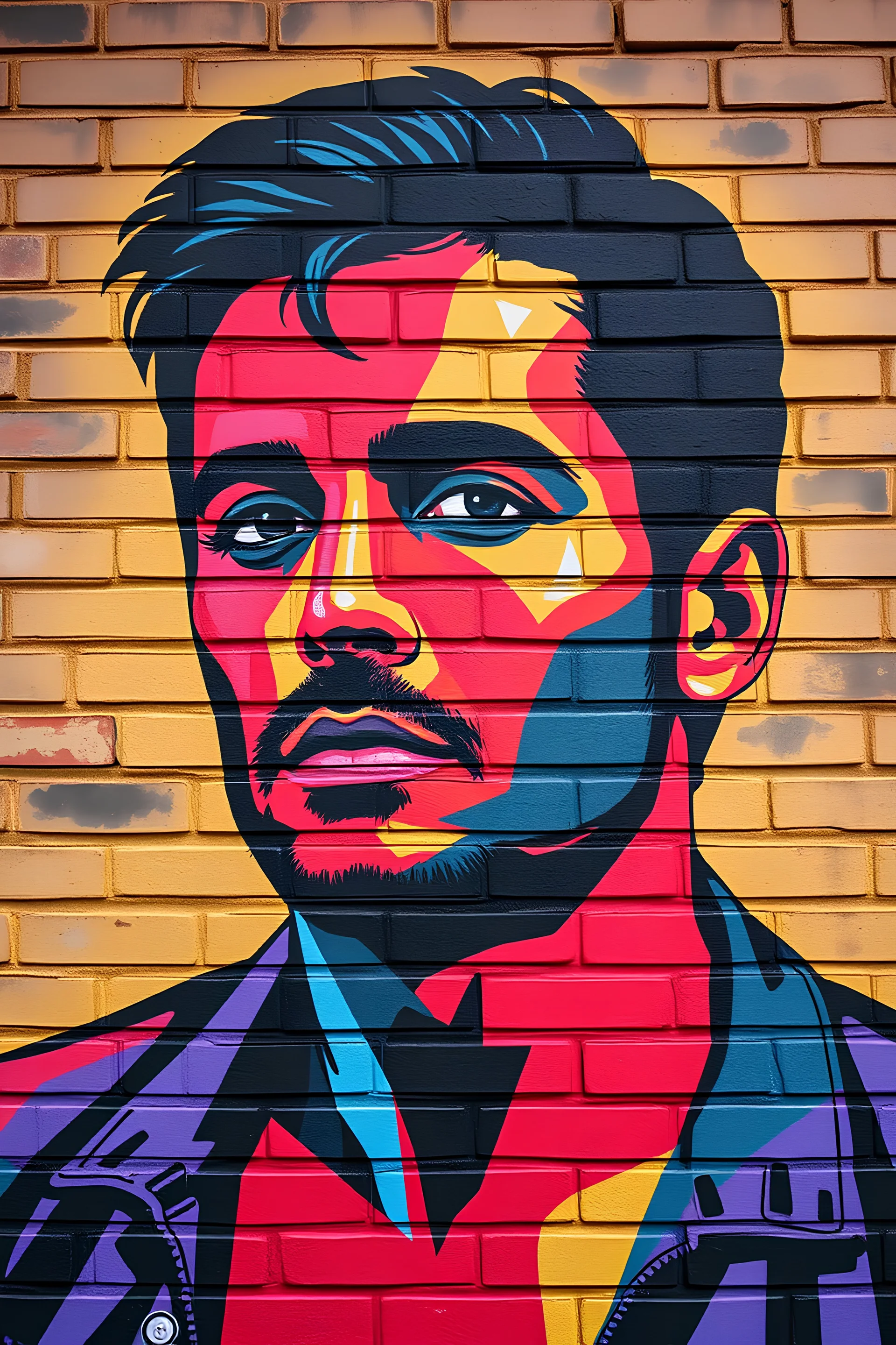 Imagine a man painted on a brick wall. This man is in several colors, duplicates, and painted with depth, like a cinematic portrait of the 90's era, in a disco, techno spirit.