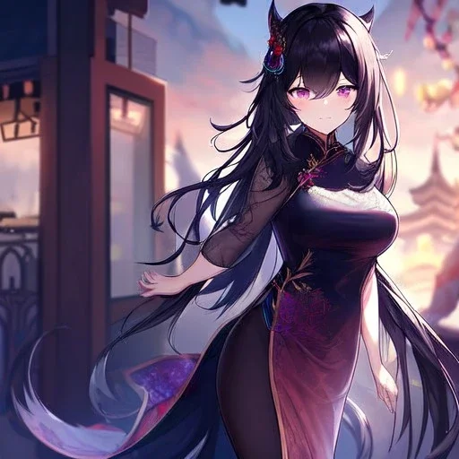 Clear focus,High resolution, Black long fluffy hair, and purple eyes, wearing a chinese dress, cute