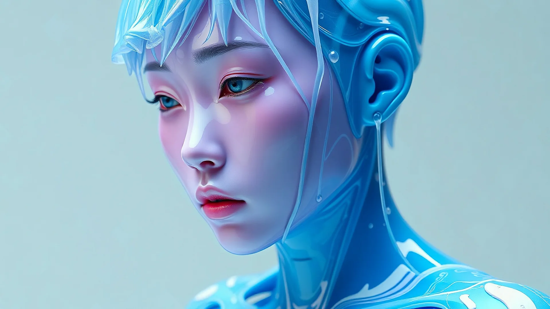 full body, three quarter of the blue fulll body with pink face is covered in fluids, in the style of futuristic sci-fi aesthetic, hyper-realistic, asian-inspired, light white and pink, shiny/glossy, photorealistic accuracy, aurorapunk --ar 4:5 --s 80 --v 6.0 --style raw