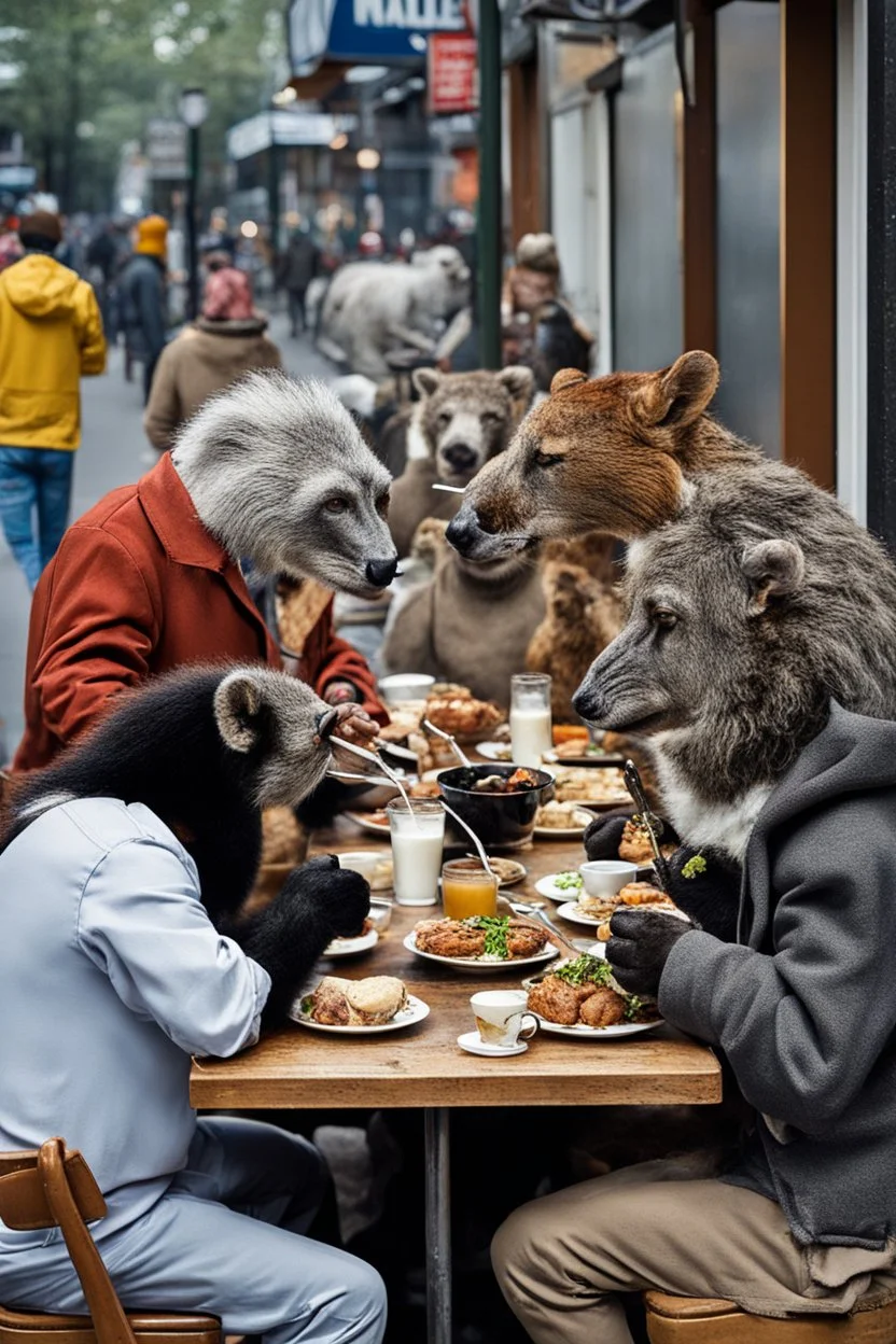 Wild animals dressed as humans eating at tables in a cafe street scene