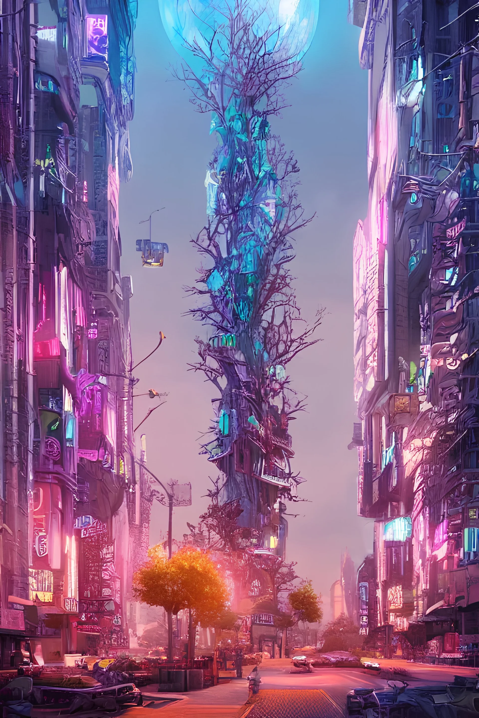 A Epic tree carved into cyberpunk city, building both side of road, dusk, masterpiece , art by jorge pardo, photorealistic, pinkish color, meditative vibe, ornate, wide view