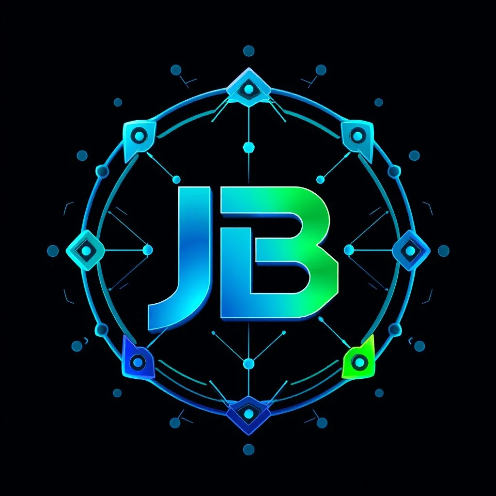 "Innovative, futuristic logo for 'JB AI Art' - blending abstract 'JB' monogram with advanced AI-inspired elements. Vibrant gradient colors (blue, green, metallic) convey computational power and the intersection of art/technology. Geometric shapes, interconnected lines, and 3D wireframe details suggest AI engineering prowess. Visually striking, memorable mark that communicates the studio's cutting-edge, AI-driven capabilities."