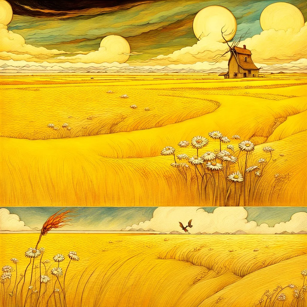 collaboration between Salvador Dali, Vincent Van Gogh, and Jean Baptiste Monge. Swirling rainbow storm clouds over a vast field of long grass and plentiful flowers swaying in the winds.