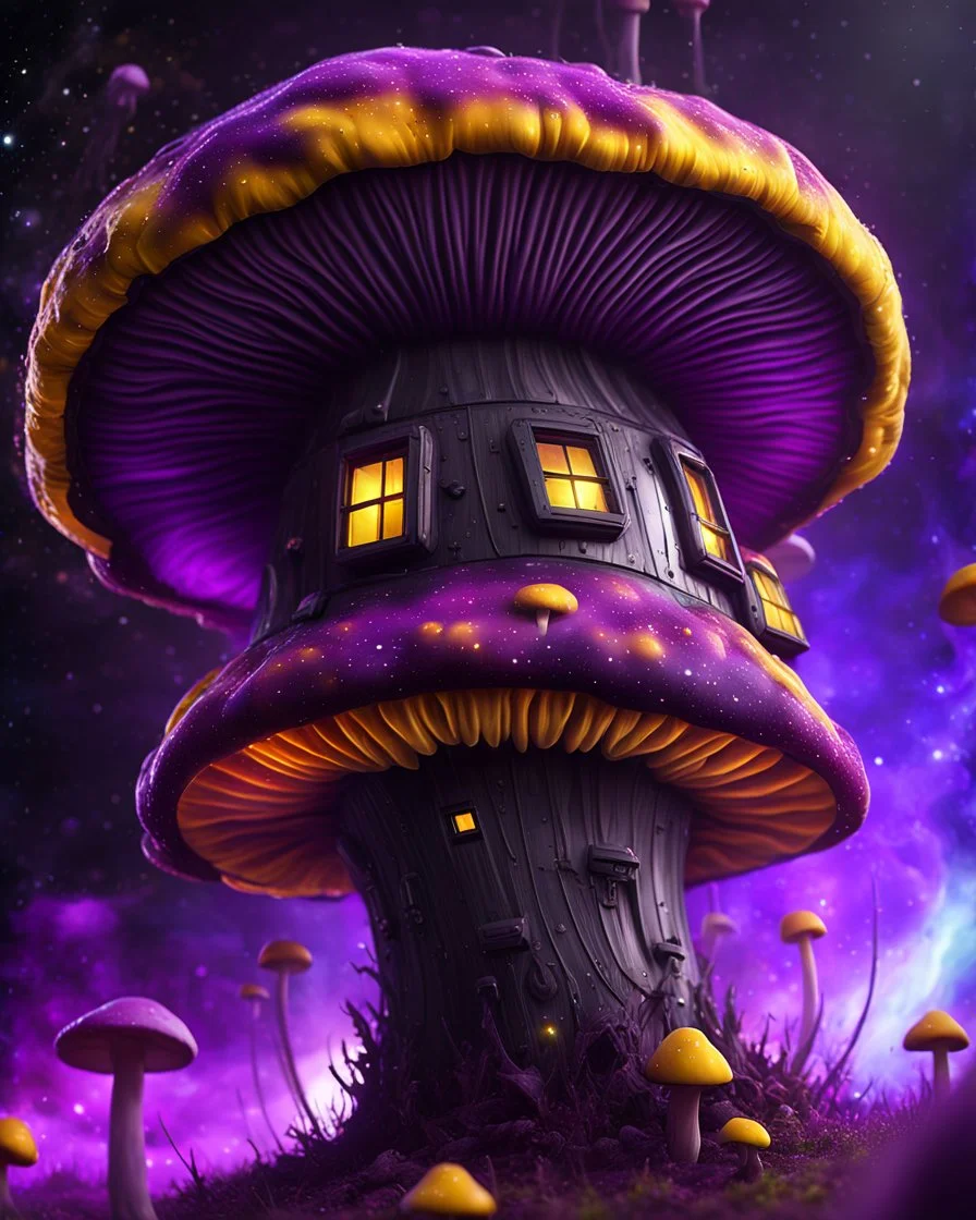 A weird floating mushroom house in galactic space. black purple yellow and white, Dark cosmic interstellar. Detailed Matte Painting, deep color, fantastical, intricate detail, splash screen, hyperdetailed, insane depth, concept art, 8k resolution, trending on Artstation, Unreal Engine 5, color depth, backlit, splash art, dramatic, High Quality Whimsical Fun Imaginative unusual, good composition