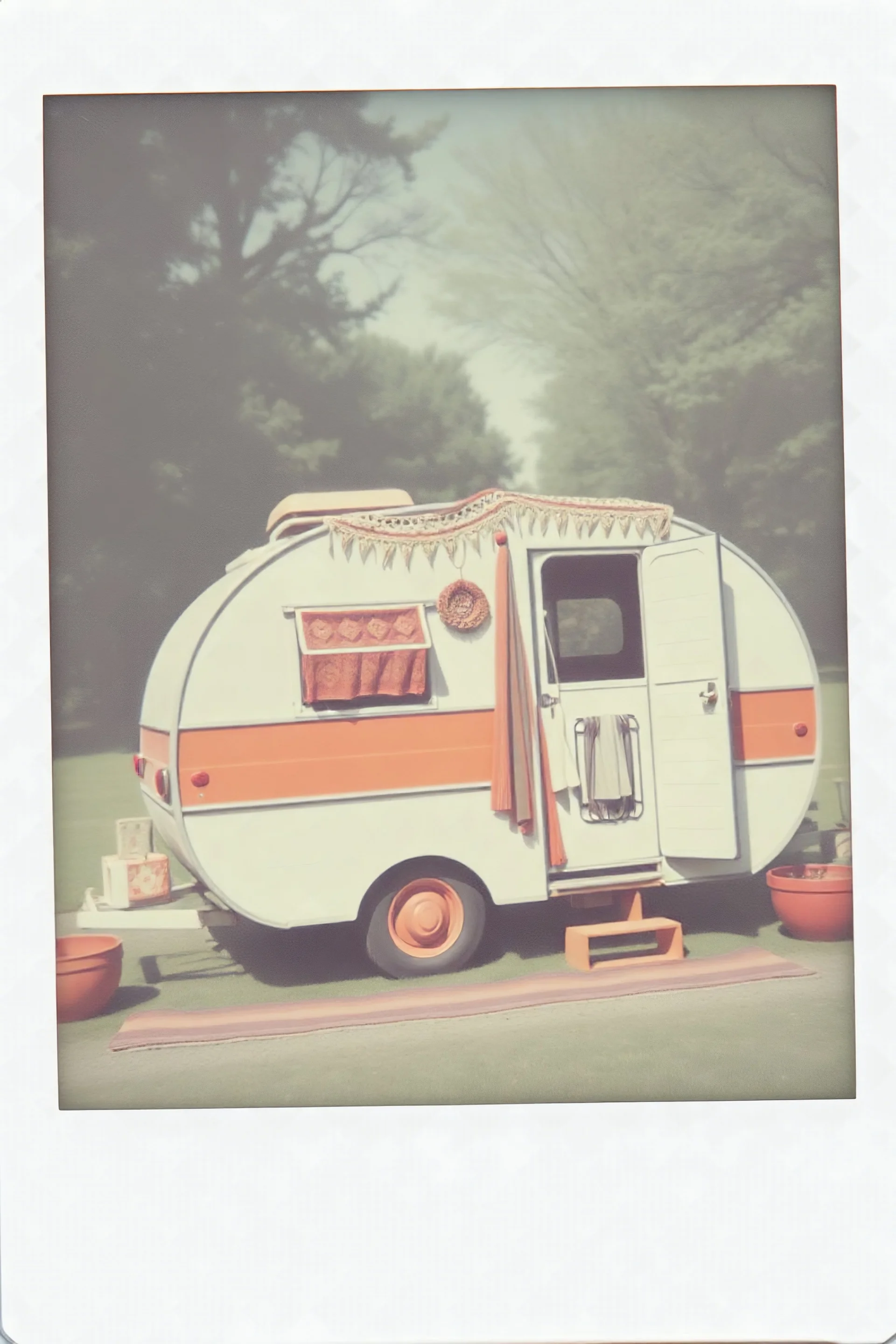 Vintage polaroid of a gitano caravan,crochet, orange
