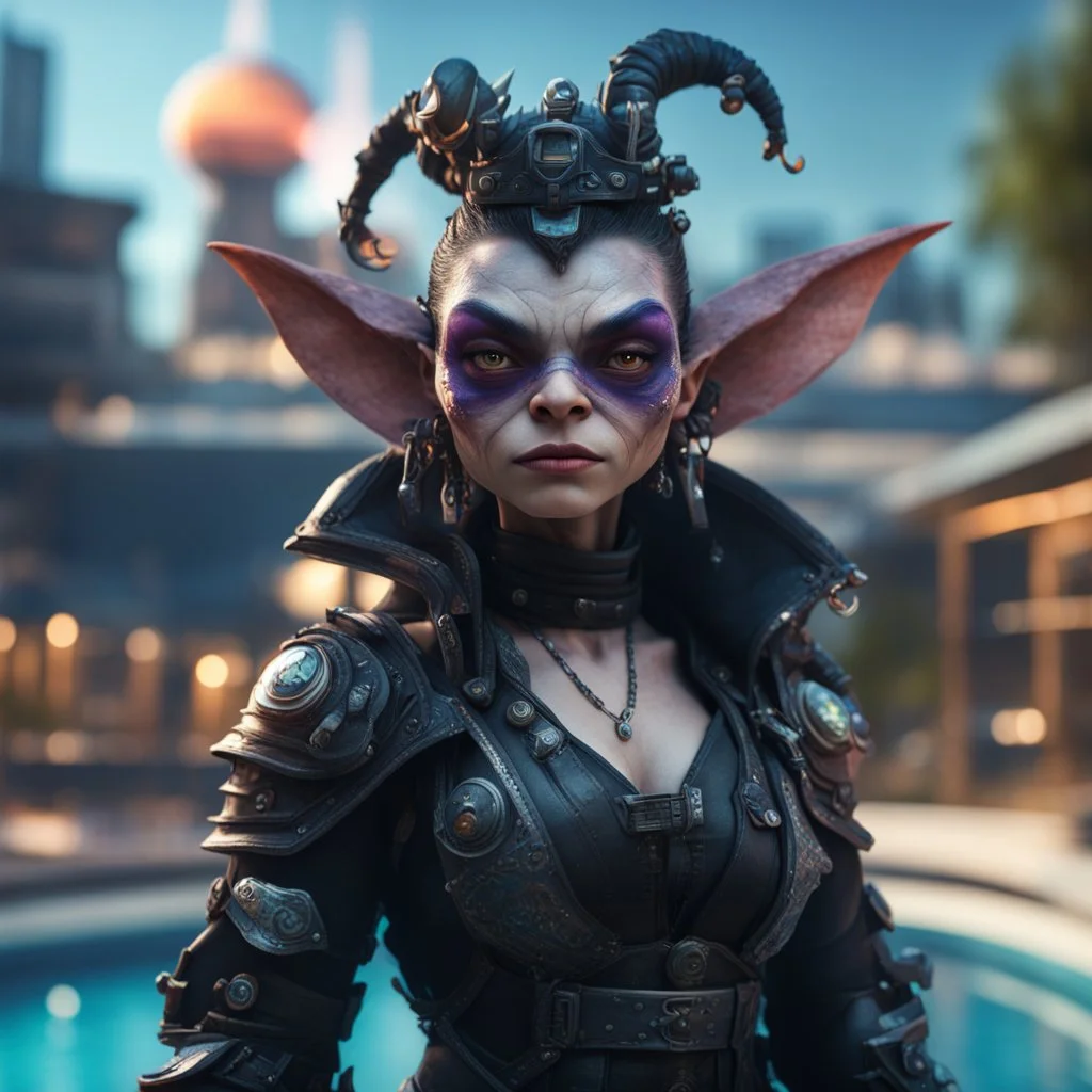 pen outline, layered, portrait of dark space punk gremlin witch hunter with strong gaze, by the pool, pool contains floating turtle tank star ship of extreme complexity and beauty,bokeh like f/0.8, tilt-shift lens 8k, high detail, smooth render, down-light, unreal engine