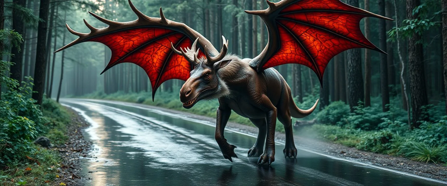 moose dragon rex with powerful wings in forest by the wet shiny road