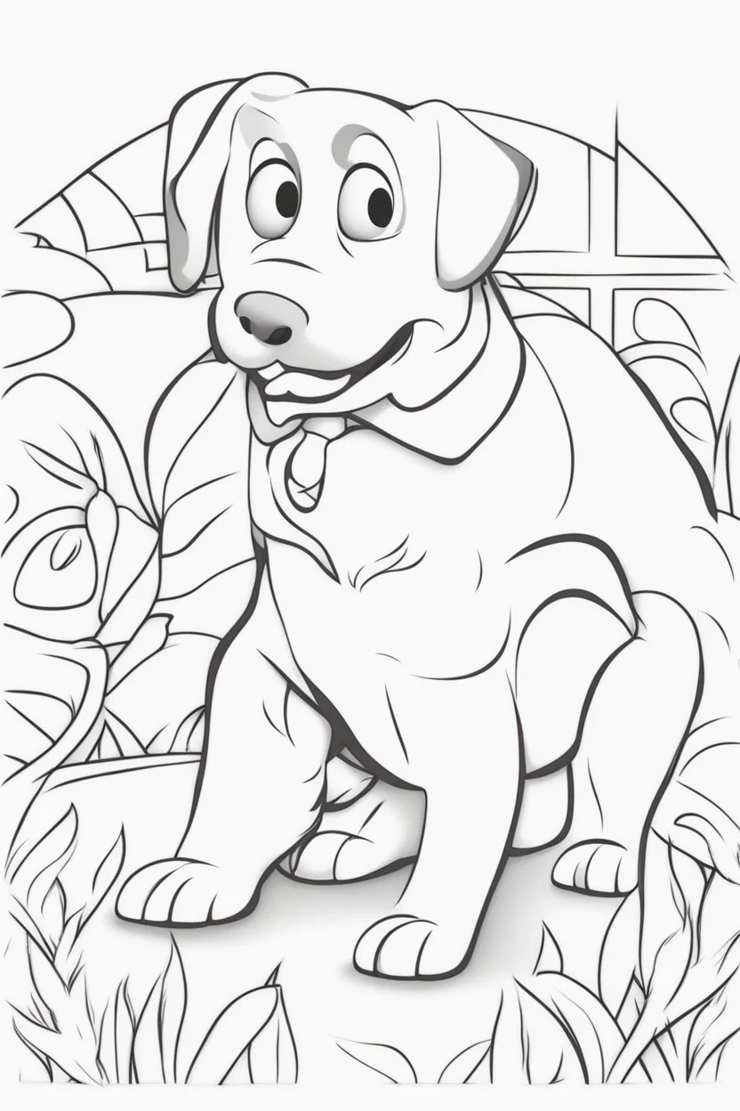 blank colouring book, white background, simple picture for toddlers, dog with one tail, disney and pixar style