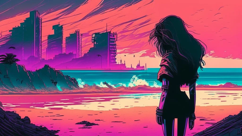 synth-wave beach & city, lone girl, iconic:1.8), comic style