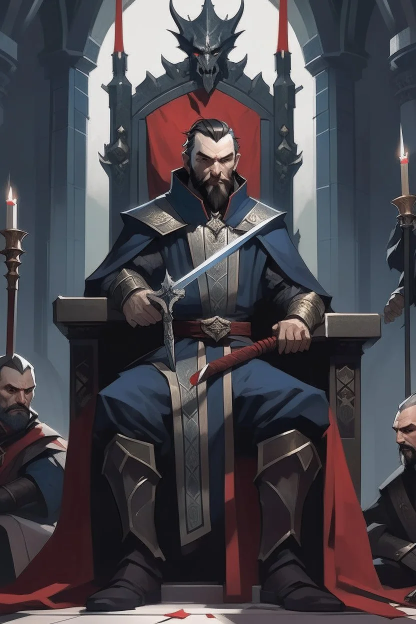 Strahd Von Zarovich holding a broadsword looking ominously down from his throne at four adventurers