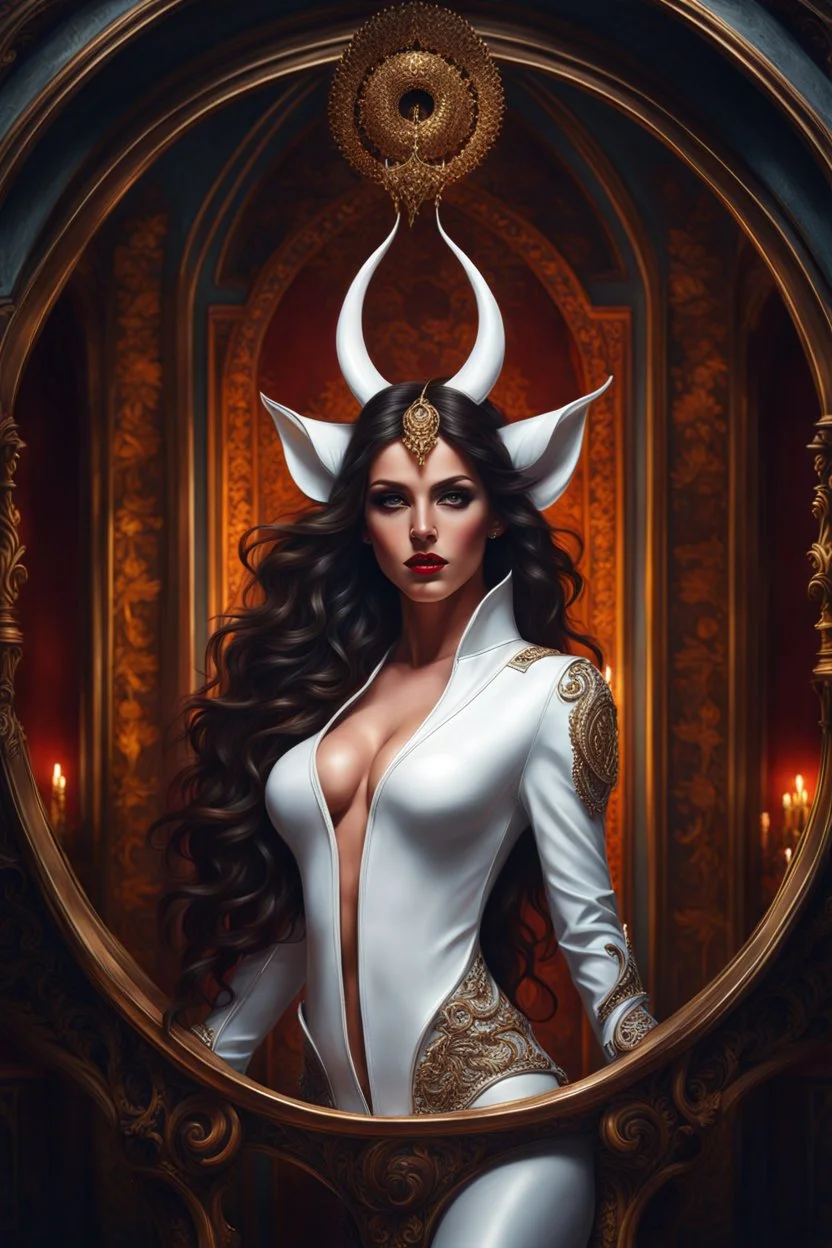 Dramatic art, amazing view, race Castanic, demonic lady full body, long hair, little horns, elegant white leather outfit. oil painting, divine proportion, highly detailed, vibrant, trending on artstation, sharp focus, photoshoot, intricate detailed, highly detailed, tera, chills run through my soul. higher quality, masterpiece, vignette, legendary rich, gorgeous