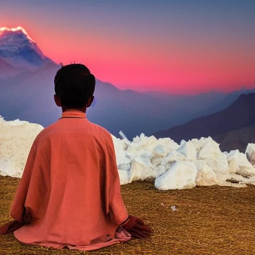 mystical indian boy in adoration in himalaya at sunset