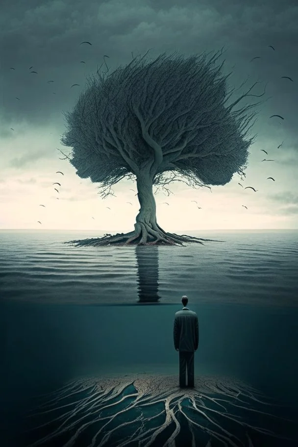 a tree and sad man in the middle of sea