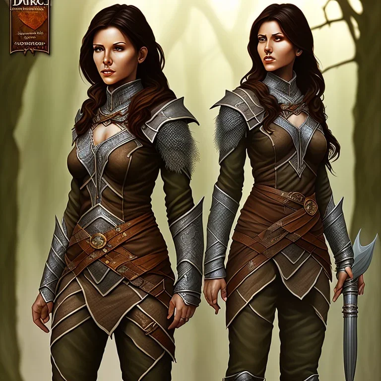 dungeons and dragons, female wood elf, druid, brown hair, brown eyes, full body, realistic face, short hair, large nose, closed mouth, leather armor, dark skin, one person, blue scarf