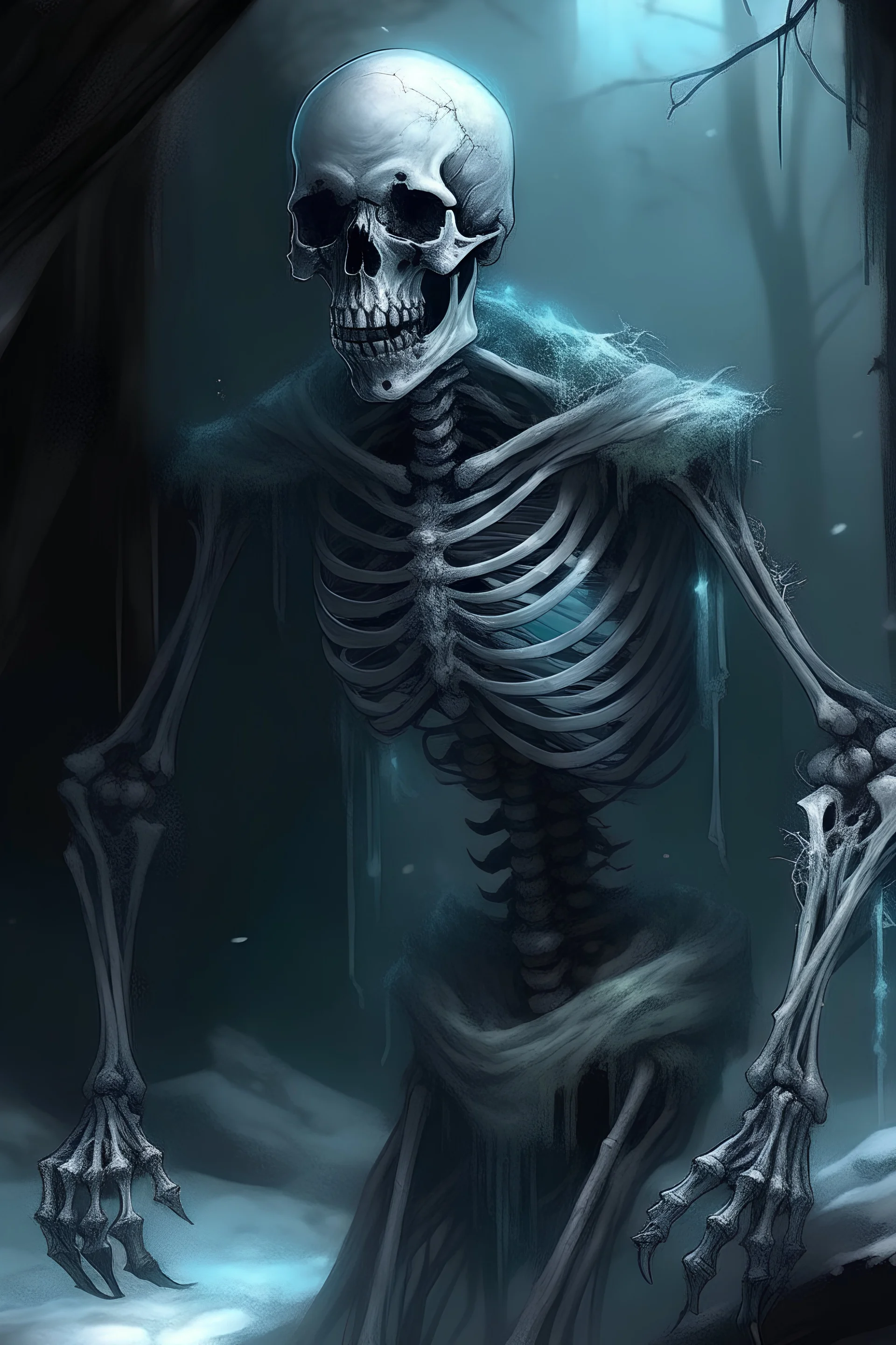 Corpse: Appearance: The corpse appears as a frozen, reanimated human form. Tattered remnants of clothing hang from its skeletal frame, and an eerie glow emanates from its frozen eyes, indicating an otherworldly force animating its movements.