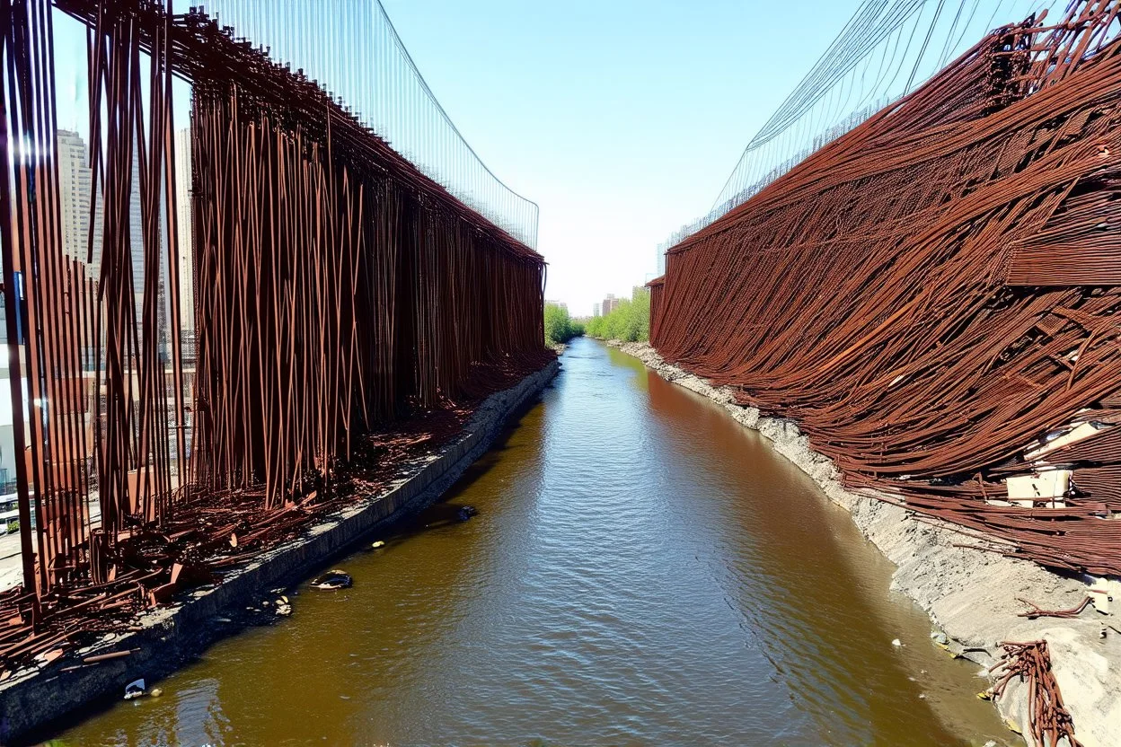 your creativity versus my imagination, tectonic cityscape clove, arafed river of clueless rust, |steel hot, puṣkaracūḍa, made of scrap metal and rusty wires, great verticals, perfect parallels, industrial vibe, police juxtaposition