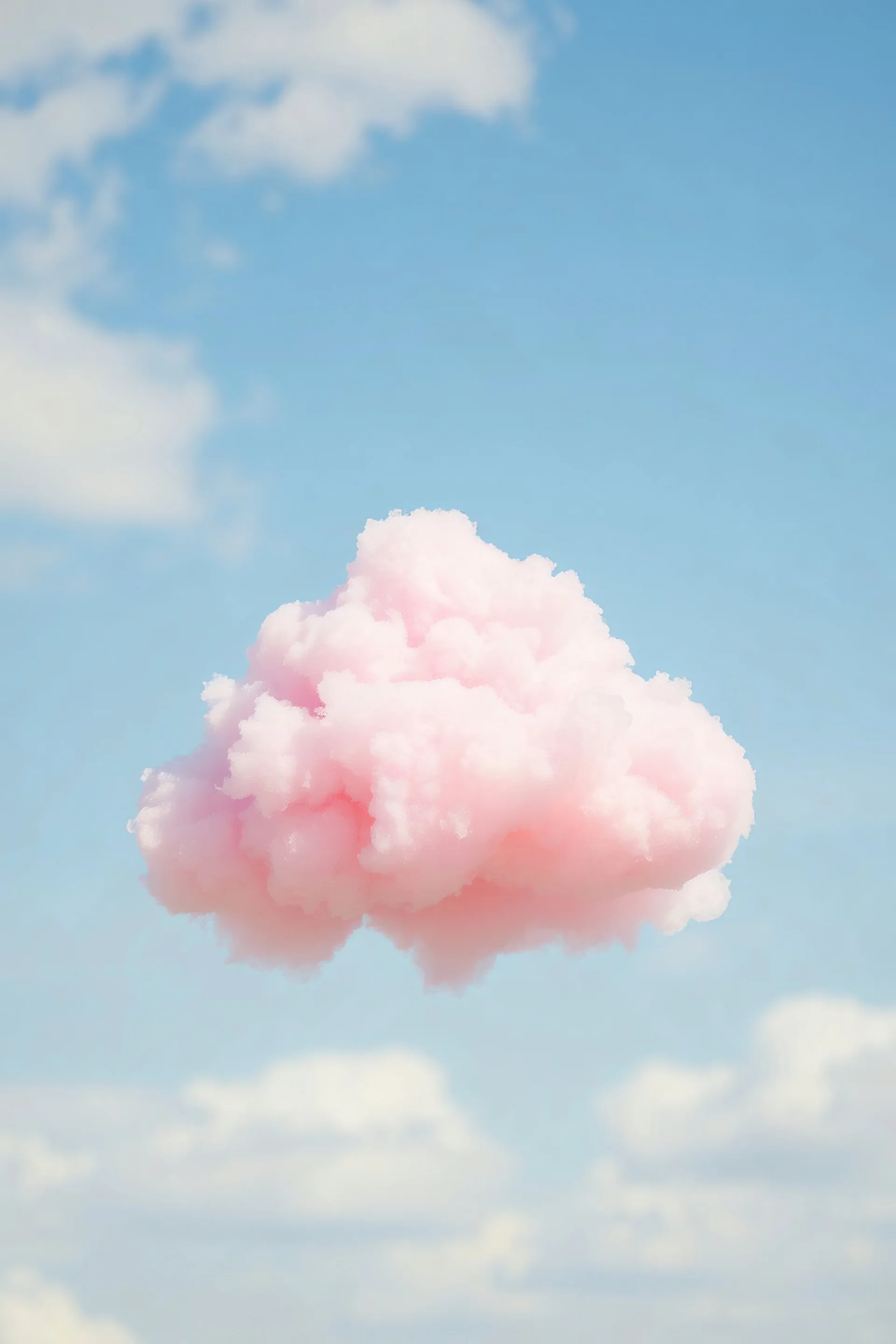 A pink plastic cloud floating near a little girl, whimsical