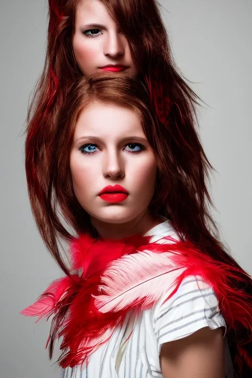 A beautiful portrait of a young German woman, red color scheme, high key lighting, volumetric light high details with white stripes and feathers