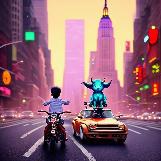 A one-year-old boy rides on the cow in the middle of a busy street in new york. photographic, bright colors and sunset, fantasy art, Anna Dittmann, digital painting, dan mumford, oil on canvas, jeff koons, akihito yoshida, wlop, kodachrome.