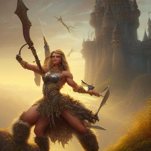 cinematic, majestic female barbarian, bodybuilder woman, bokeh, castle fortress, by thomas kinkade mark keathley terry redlin