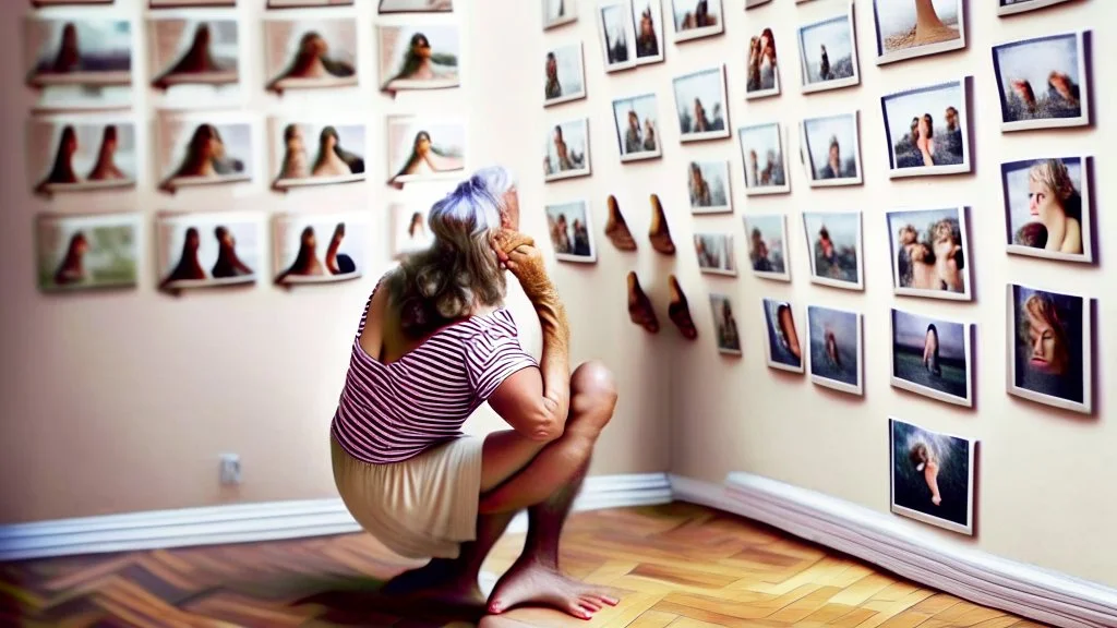 lady looking at pictures of feet all over walls