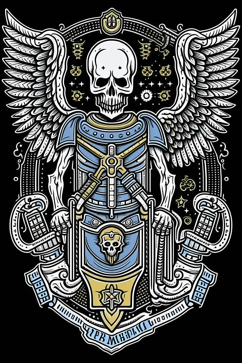 A coat of arms featuring the angel of death, and science fiction weapons