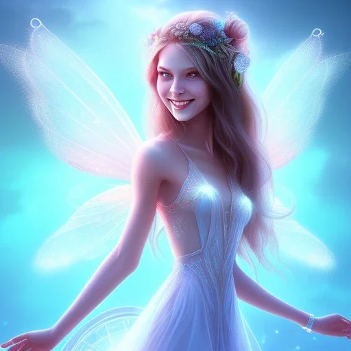 smiling girl, cute, beautiful, long hair, transparent dress, fairy wings