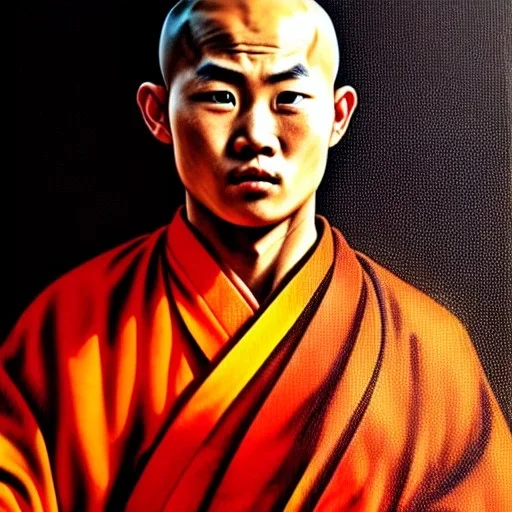 Portrait d'un jeune moine Shaolin, sombre, réaliste, très détaillé.